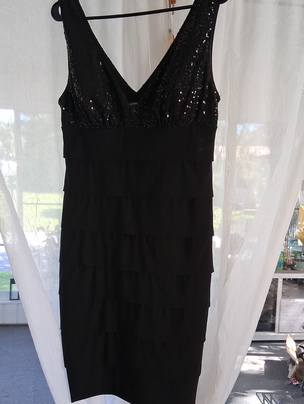 dressbarn Black Sequin V-Neck Tiered Mini Dress